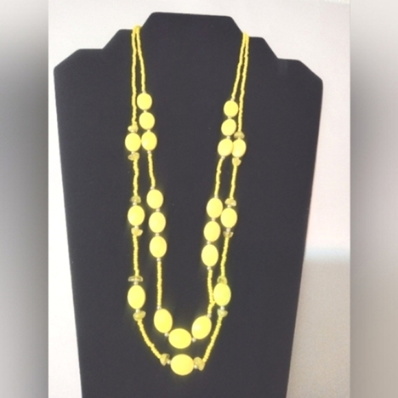 Fashion Necklace Yellow & Silver Beads w 2.5" Extension Chain 2 Stranded 22 Inch - Picture 2 of 5
